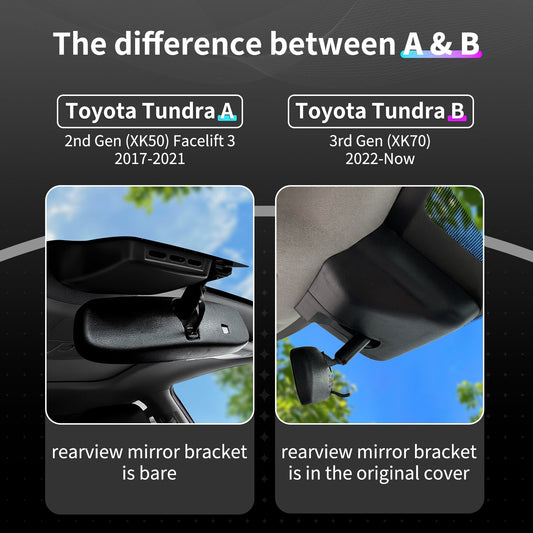An image showing the compatibility for the 2017-2026 Toyota Tundra, demonstrating what the rearview mirror of a suitable vehicle for installation looks like.