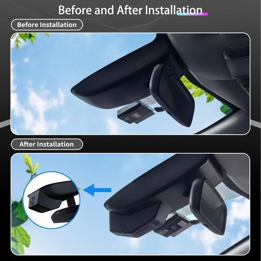 A demonstration of the results after installing a CLAROVUE brand dashcam in a Toyota vehicle, showcasing a side-by-side comparison of the car before and after installation.