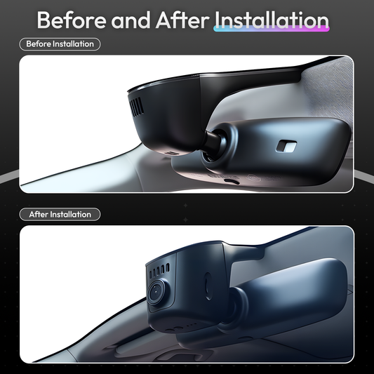 Before and after installation effect images of a CLAROVUE dashcam installed in a Porsche.