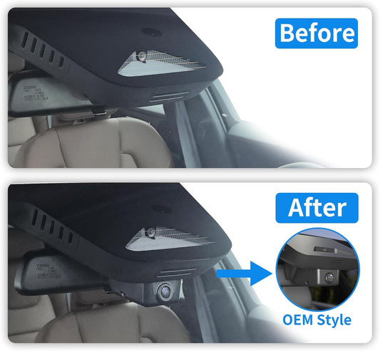 CLAROVUE Integrated Dash Cam For Volvo & Polestar2Before and after comparison images of a CLAROVUE dashcam installed in a Volvo.