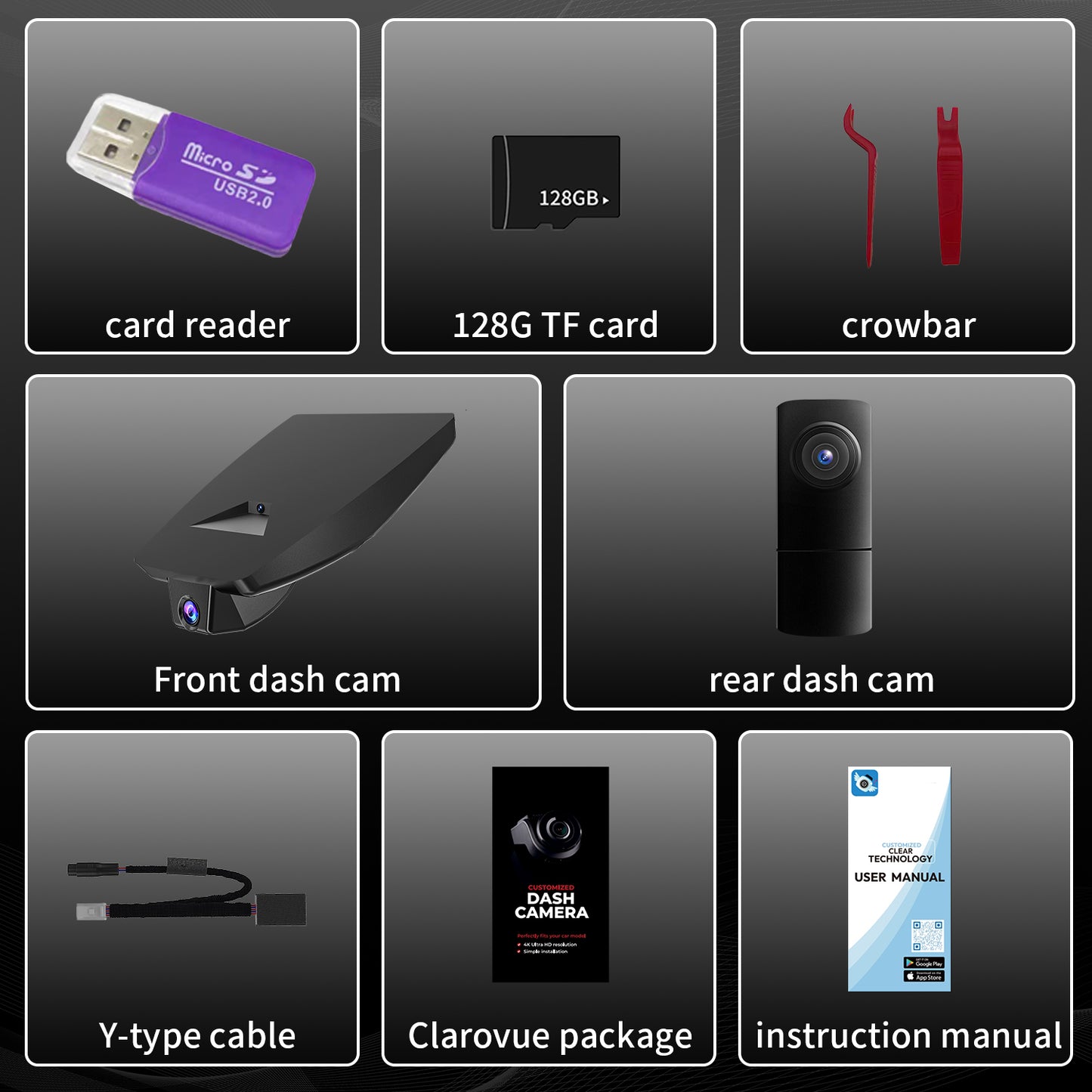 CLAROVUE Dashcam Packaging and Accessories Image, including: packaging box, product, card reader, memory card, pry tool, and Y-cable.manual.
