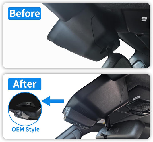Before and after installation images of a CLAROVUE original wireless dashcam installed in the Lexus 2022-2024 GX series, showcasing the visual effects before and after installation.