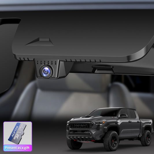 A product image showcasing the installed effect of a CLAROVUE dashcam exclusively in the 2024-2026 Tacoma, accompanied by an image of a 128GB memory card.