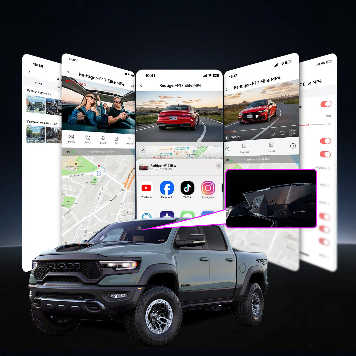 A demonstration of the convenience of the vehicle and mobile app interface, where the app enables real-time viewing of recordings, video editing, and sharing to various platforms, along with an image showing the installation result of a CLAROVUE dashcam in a Dodge RAM 1500
