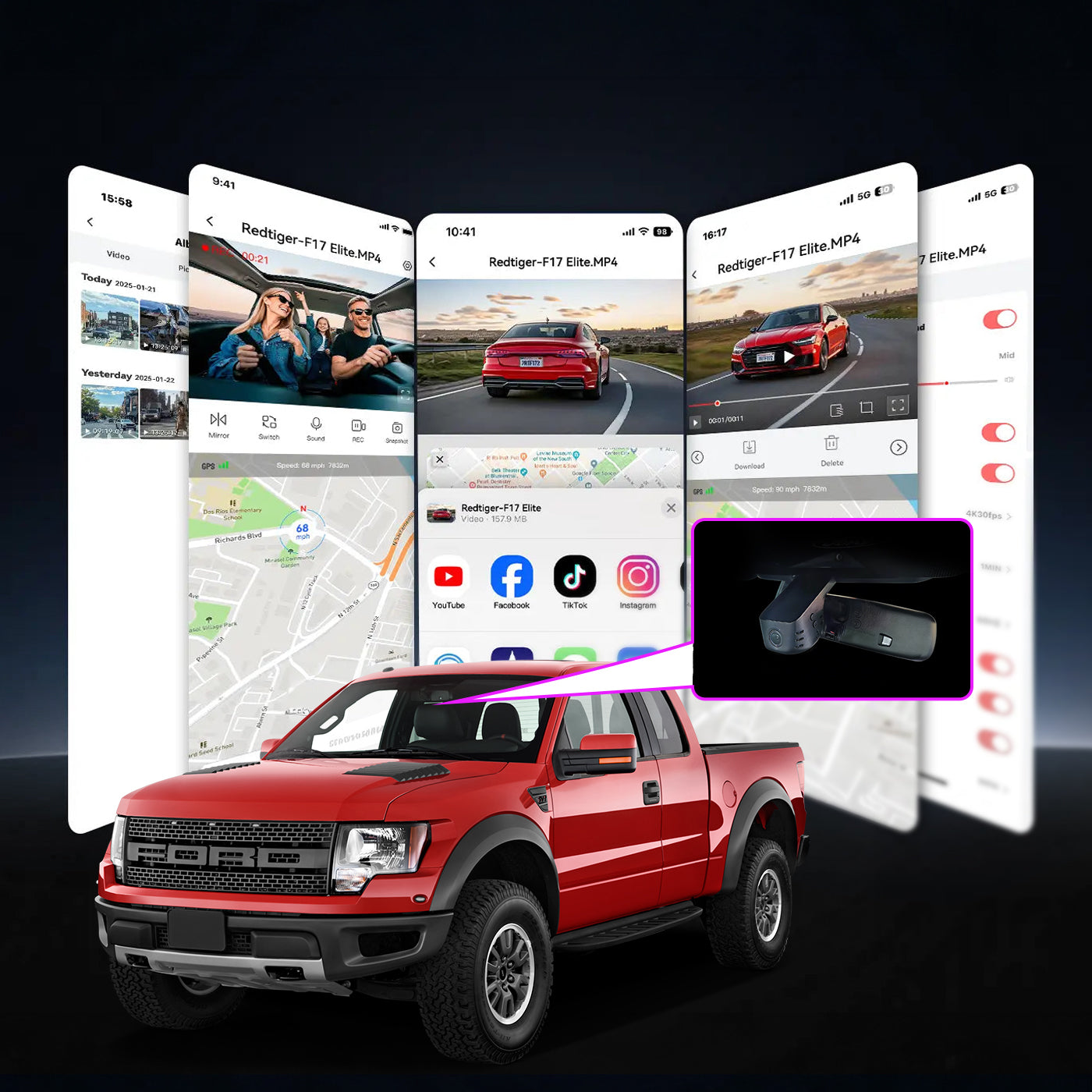 CLAROVUE Integrated 4K Dash Cam for Ford F150/F250/F350 RAPTOR (Model A 2018-2025) Front and Rear