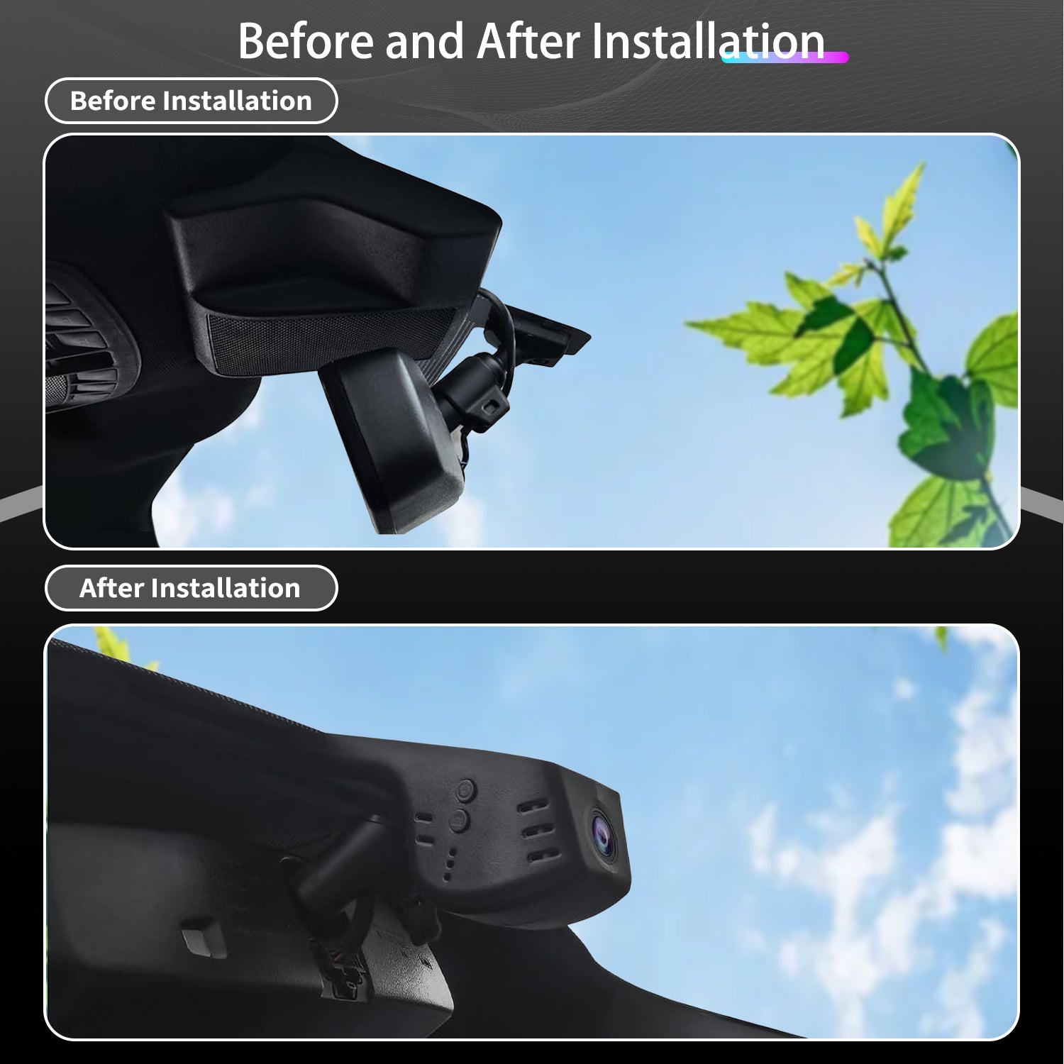 Before and after installation effect images of a CLAROVUE dashcam installed in the F150/F250/F350 RAPTOR.