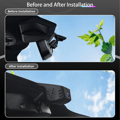 Before and after installation effect images of a CLAROVUE dashcam installed in the F150/F250/F350 RAPTOR.