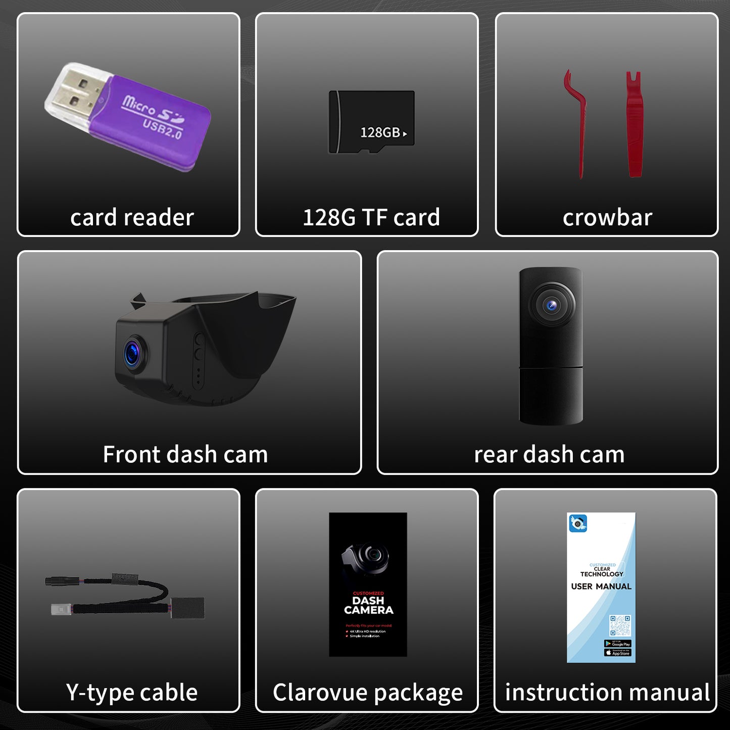 An image of the CLAROVUE dashcam packaging and accessories, including: packaging box, product, user manual, card reader, memory card, pry tool, and Y-cable.