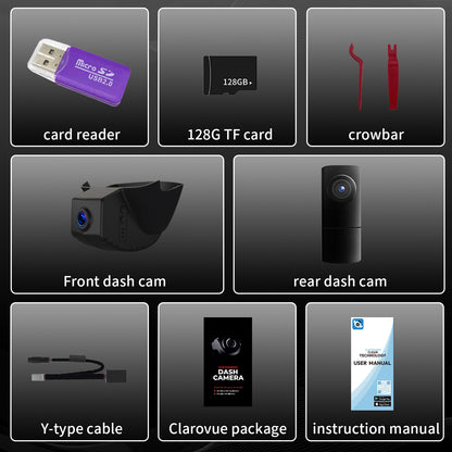 An image of the CLAROVUE dashcam packaging and accessories, including: packaging box, product, user manual, card reader, memory card, pry tool, and Y-cable.