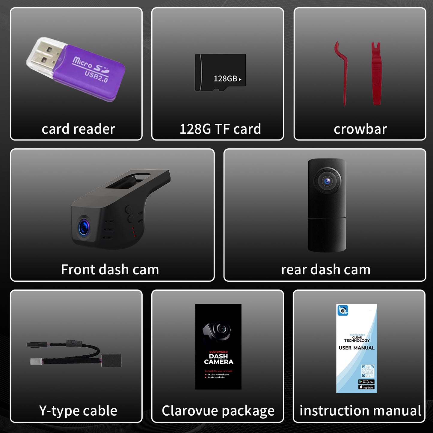 An image of the CLAROVUE dashcam packaging and accessories, including: packaging box, product, user manual, card reader, memory card, pry tool, and Y-cable.