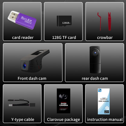 An image of the CLAROVUE dashcam packaging and accessories, including: packaging box, product, user manual, card reader, memory card, pry tool, and Y-cable.