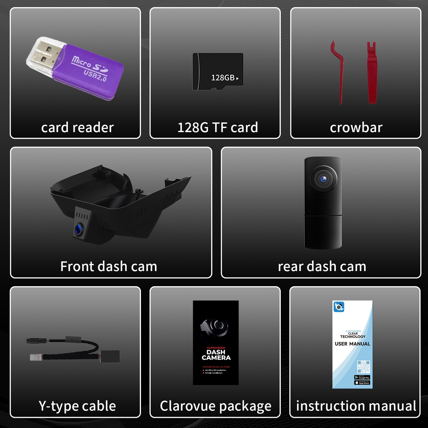 An image of the CLAROVUE dashcam packaging and accessories, including: packaging box, product, user manual, card reader, memory card, pry tool, and Y-cable.
