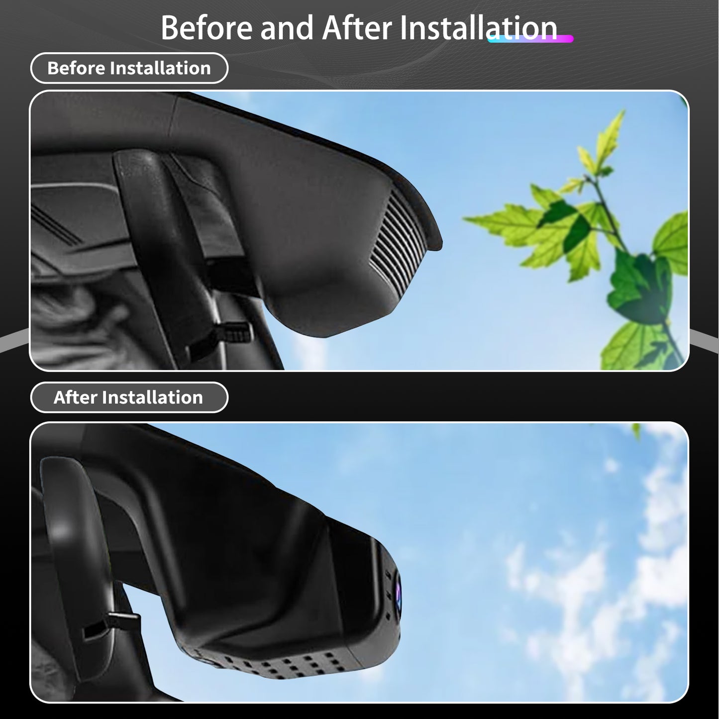 Before and after comparison images of a CLAROVUE dashcam installed in a Honda (2023-2025).