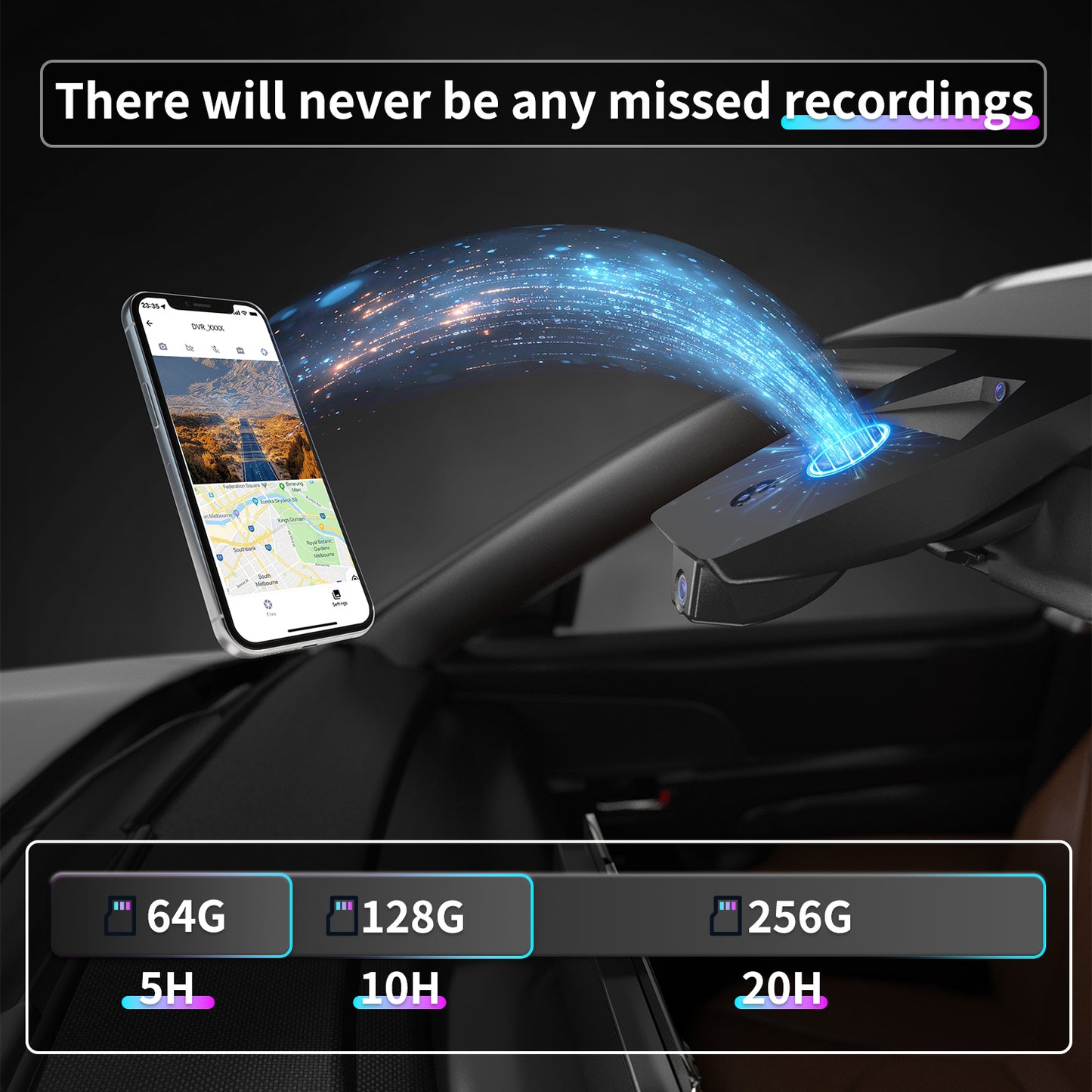 A picture demonstrating the CLAROVUE dashcam's real-time transmission to a mobile phone, with notes explaining that it will never miss any recording, and also showing how many hours of footage the memory card can hold.