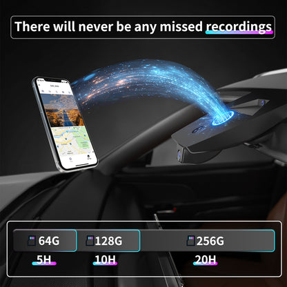 A picture demonstrating the CLAROVUE dashcam's real-time transmission to a mobile phone, with notes explaining that it will never miss any recording, and also showing how many hours of footage the memory card can hold.