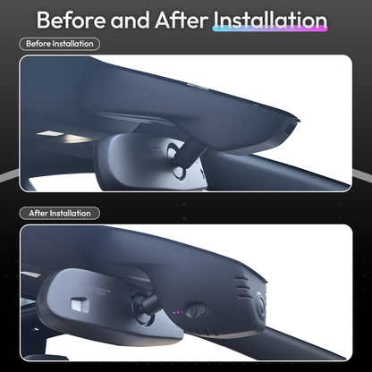 Before and after installation images of a CLAROVUE original wireless dashcam installed in a Chevy Silverado, showing the visual comparison between pre-installation and post-installation.