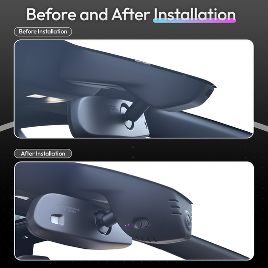 Before and after installation images of a CLAROVUE original wireless dashcam installed in a Chevy Silverado, showing the visual comparison between pre-installation and post-installation.