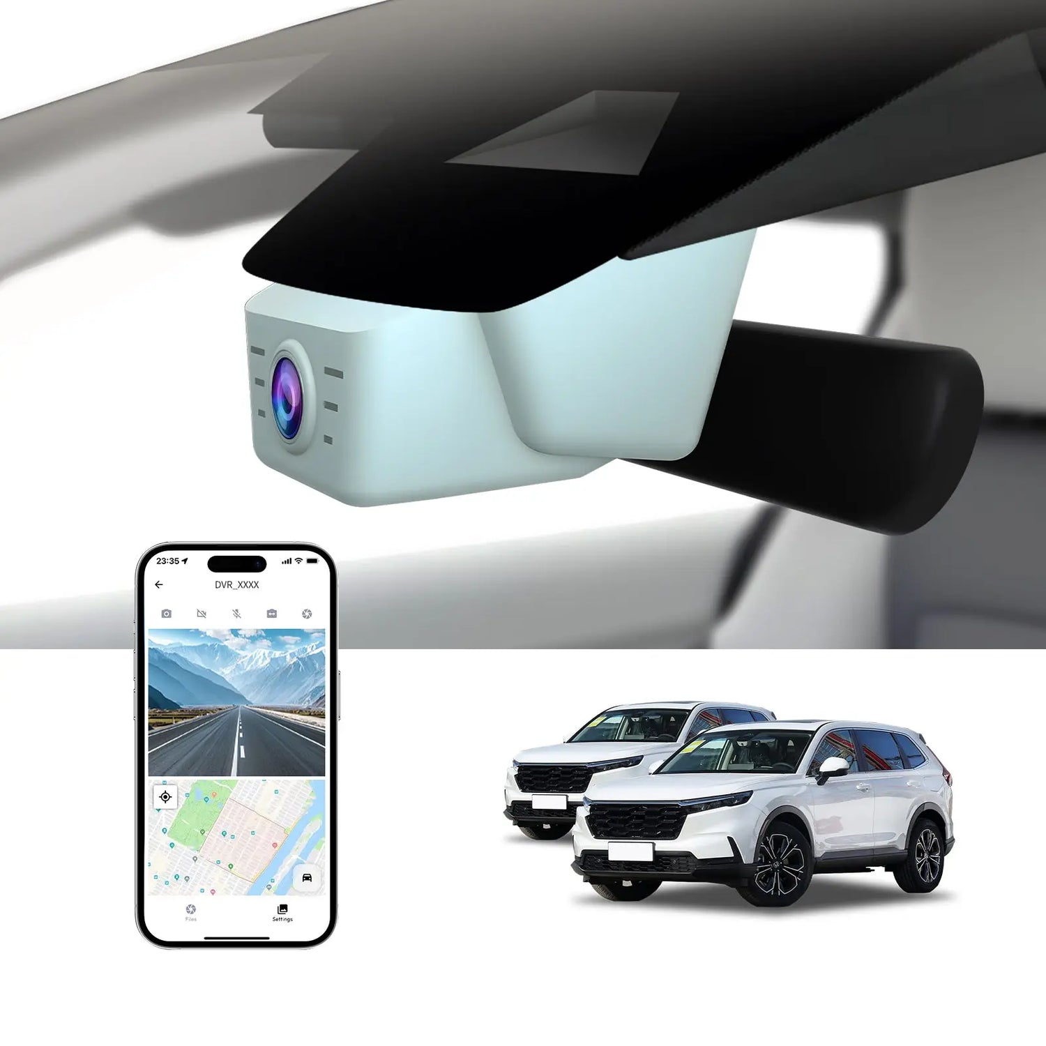 A main installation effect image of a CLAROVUE dashcam installed in a Honda CR-V (2023-2025).