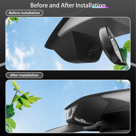 Before and after comparison images of a CLAROVUE dashcam installed in a Honda Accord (2023-2025).