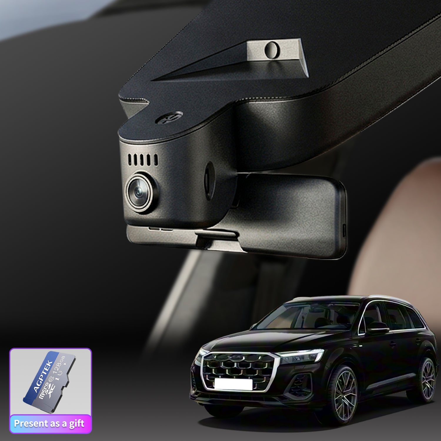 A main installation effect image of a CLAROVUE dashcam installed in an Audi, accompanied by an image of a 128GB memory card.