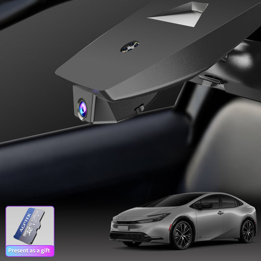A 2023-2026 Prius vehicle is equipped with a CLAROVUE brand OEM wireless dashcam, which comes with a memory card included.
