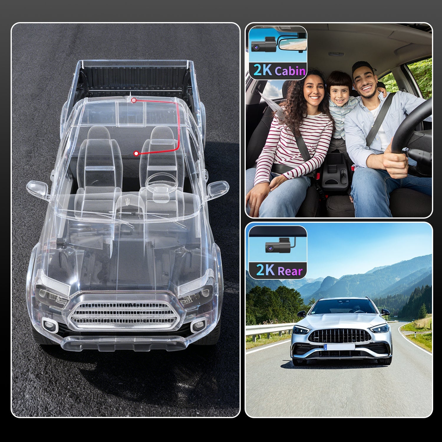 Demonstrating two installation methods for the rear camera of the CLAROVUE dashcam, along with the recording effects when installed on the front windshield and rear windshield.