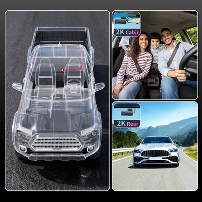 Demonstrating two installation methods for the rear camera of the CLAROVUE dashcam, along with the recording effects when installed on the front windshield and rear windshield.