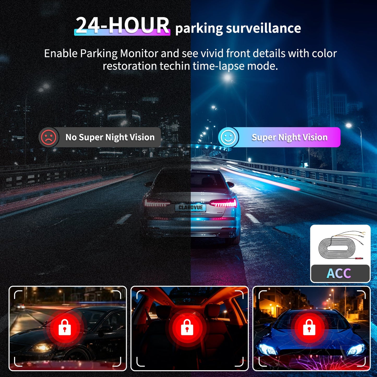 Demonstrating the clear night vision effect of the CLAROVUE 4K dash camera, alongside images showing other brands’ lack of night vision capability. Below are pictures of a purchased fuse box power cable, enabling 24-hour parking surveillance and round-the-clock monitoring of both the interior and exterior of the vehicle.