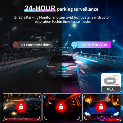 Demonstrating the clear night vision effect of the CLAROVUE 4K dash camera, alongside images showing other brands’ lack of night vision capability. Below are pictures of a purchased fuse box power cable, enabling 24-hour parking surveillance and round-the-clock monitoring of both the interior and exterior of the vehicle.