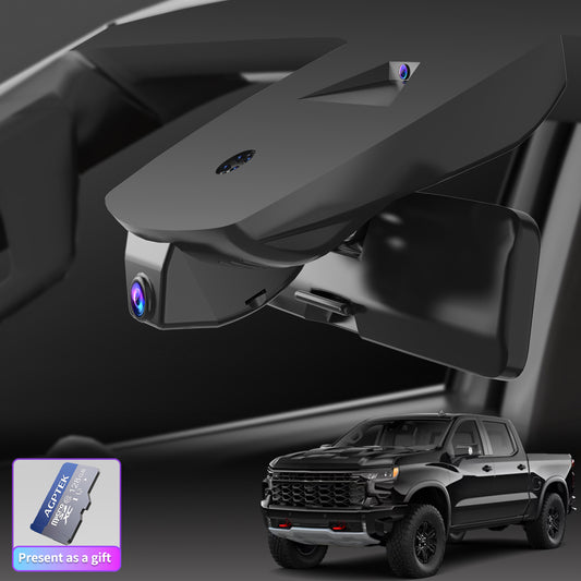 A visual demonstration of a CLAROVUE original wireless dashcam installed in a 2022-2026 black Chevy Silverado, including a 128GB memory card.