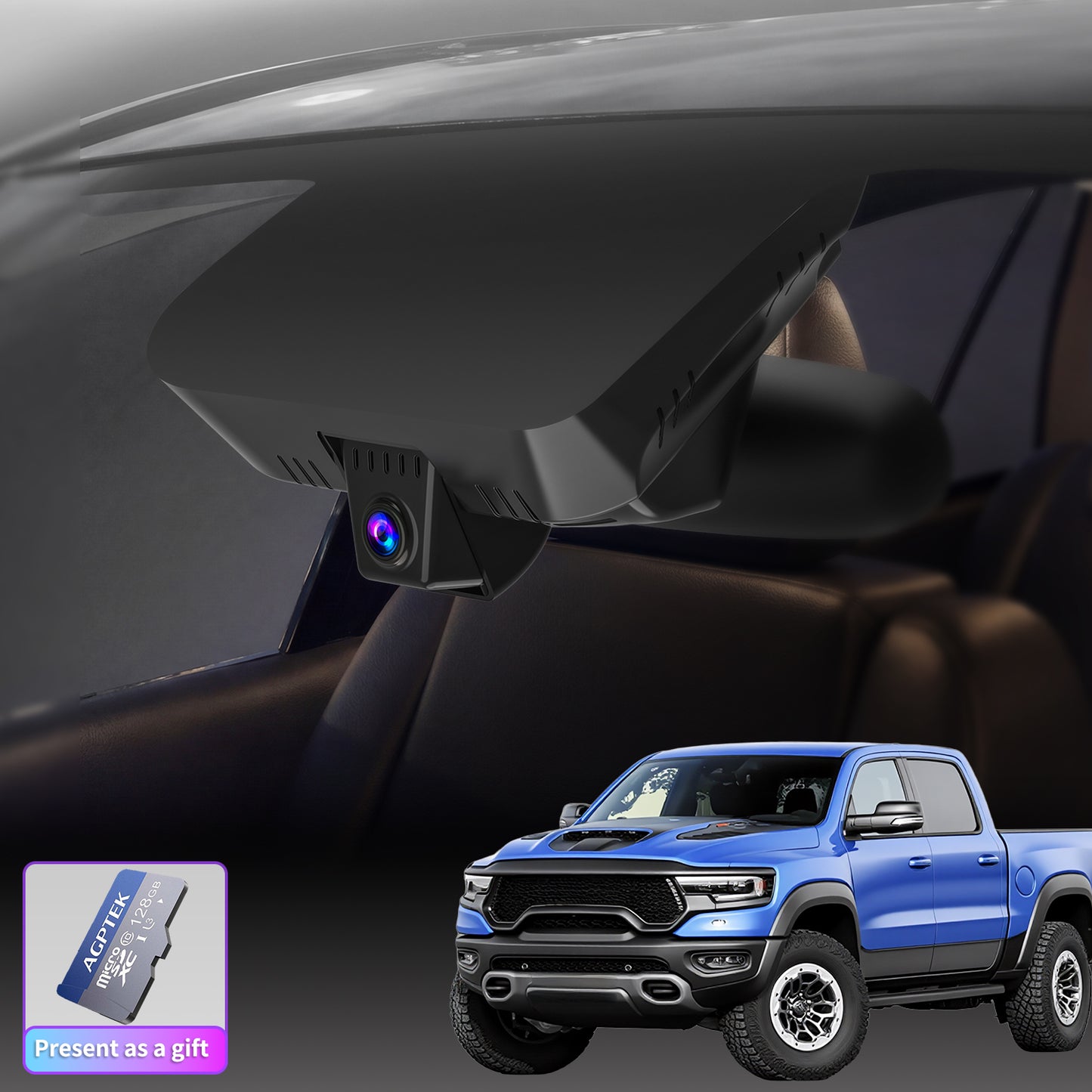 A main installation effect image of a CLAROVUE dashcam installed in the Dodge RAM 1500 (2019-2024), accompanied by an image of a 128GB memory card.