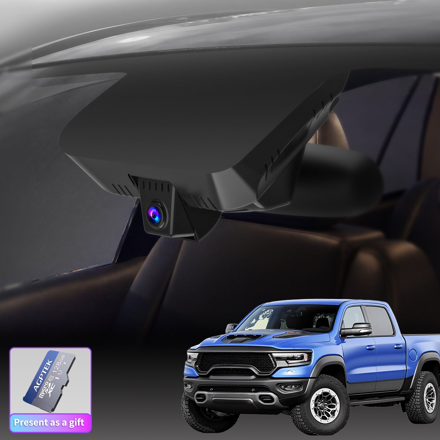 A main installation effect image of a CLAROVUE dashcam installed in the Dodge RAM 1500 (2019-2024), accompanied by an image of a 128GB memory card.