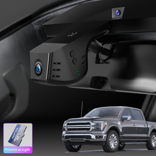 A main installation effect image of a CLAROVUE dashcam installed in the F150/F250/F350 RAPTOR (2021-2025), accompanied by an image of a 128GB memory card.