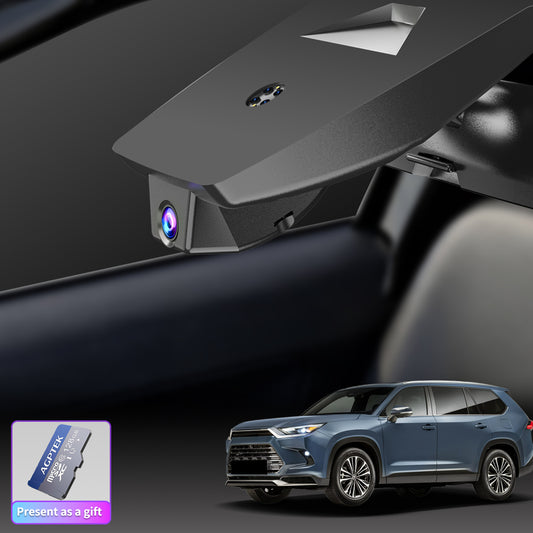 The main installation effect image of a CLAROVUE dashcam installed in a Toyota Grand Highlander (2024-2026), accompanied by an image of a 128GB memory card.