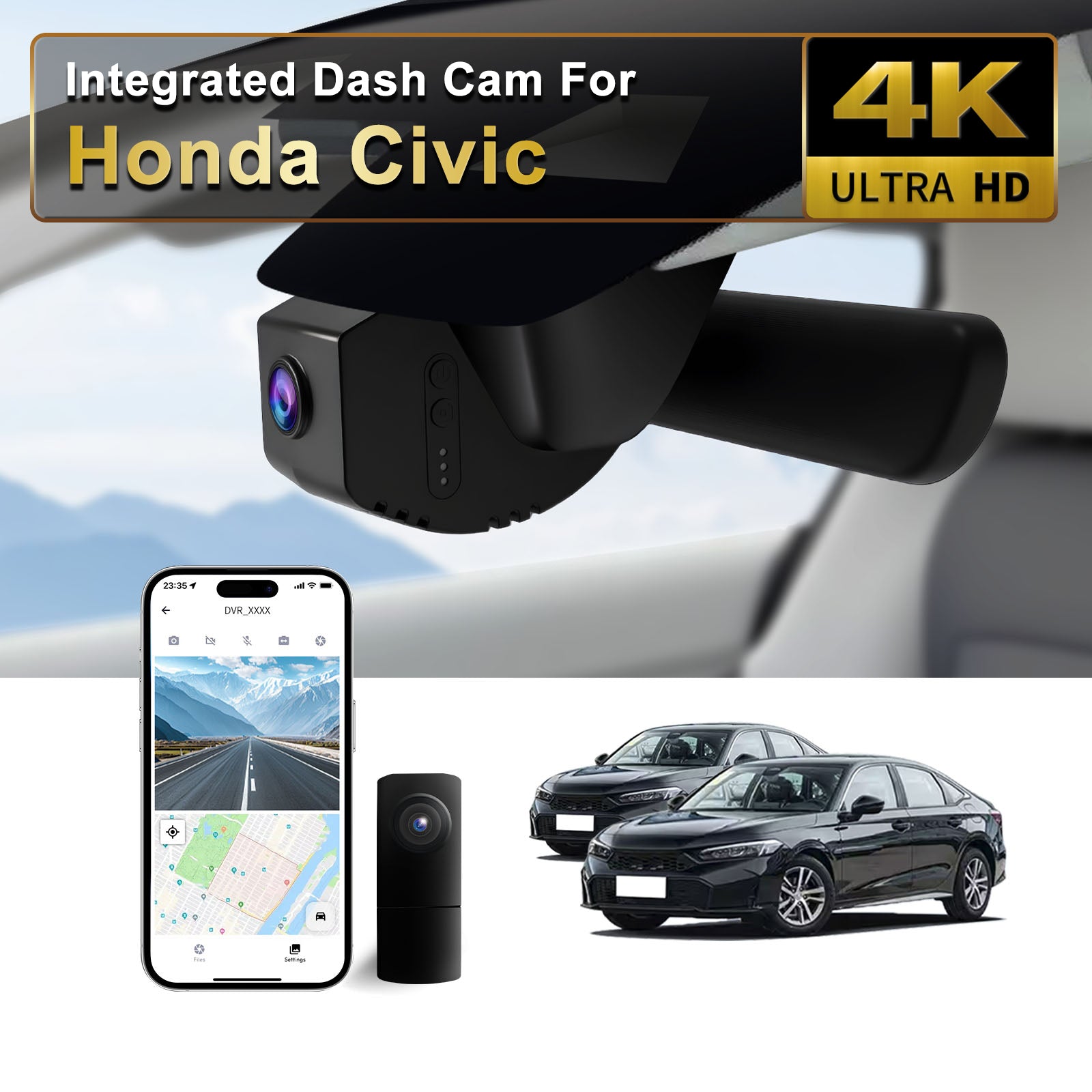 A main installation effect image of a CLAROVUE dashcam installed in a Honda Civic (2022-2025).