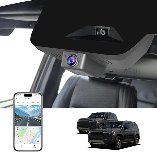 Before and after installation images of a CLAROVUE original wireless dashcam installed in the Lexus 2022-2024 GX series.