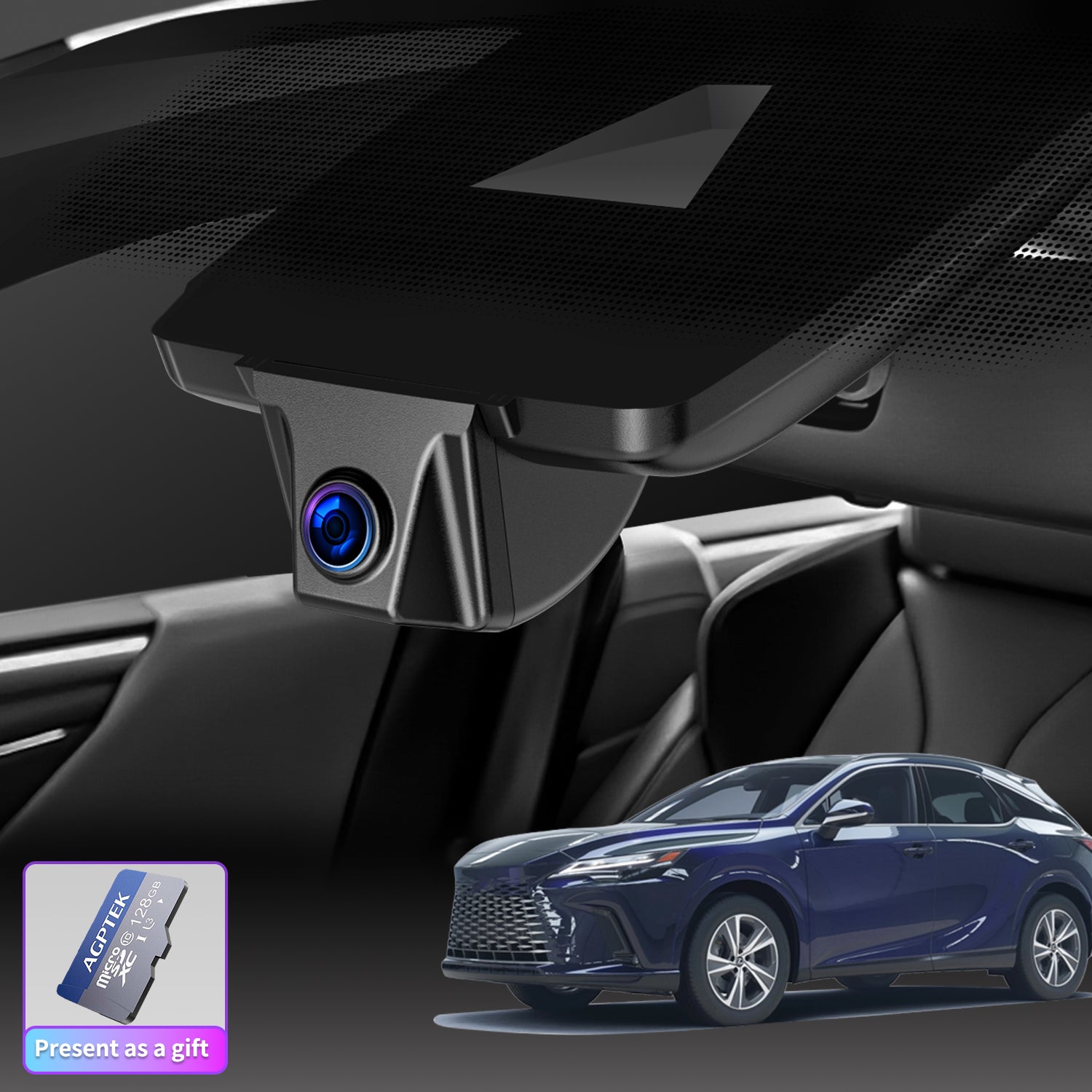 An illustration of the installation effect of a CLAROVUE original wireless dashcam in a 2023-2025 Lexus RX series vehicle, accompanied by a 128GB memory card.