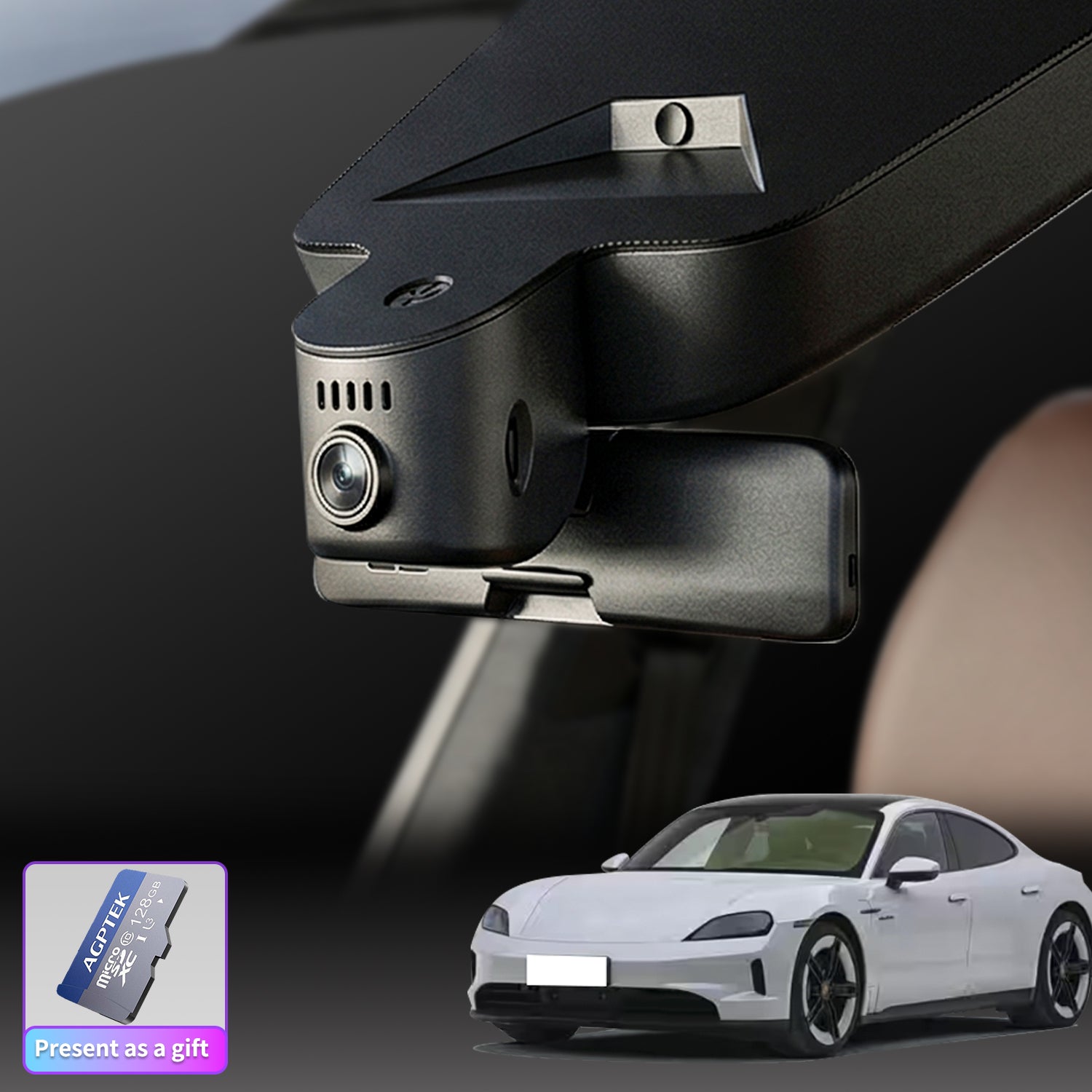A main installation effect image of a CLAROVUE dashcam installed in a Porsche, accompanied by an image of a 128GB memory card.
