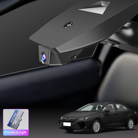 A main installation effect image of a CLAROVUE dashcam installed in a Toyota Corolla (2019-2026), accompanied by an image of a 128GB memory card.