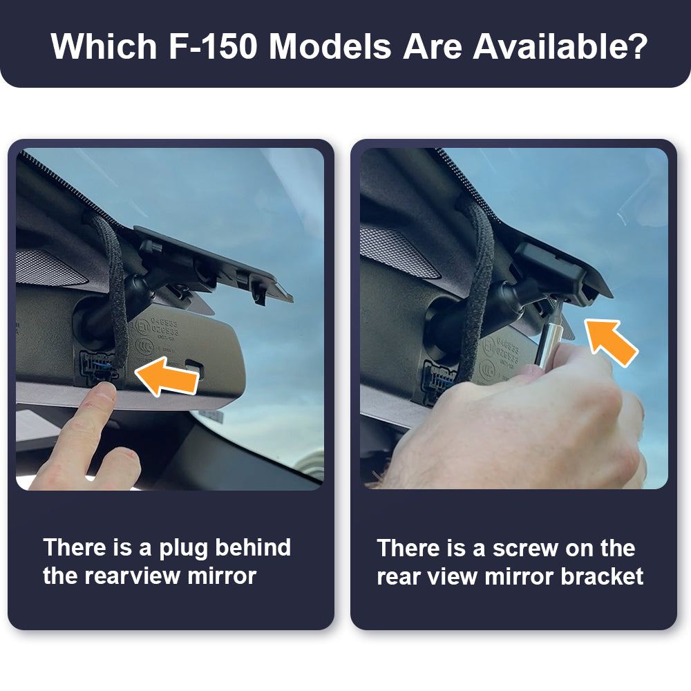 An image showing the compatibility with the F150/F250/F350 RAPTOR, demonstrating what the rearview mirror of a suitable vehicle for installation looks like.