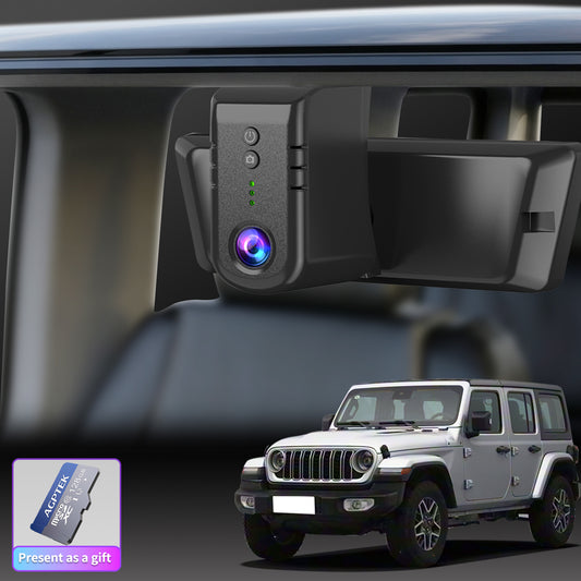 An illustration of the OEM-style 4K hidden dashcam for Jeep Gladiator (JT) / Wrangler (JL), compatible with all models (2018-2024), featuring a wireless installation design, accompanied by a 128GB memory card.