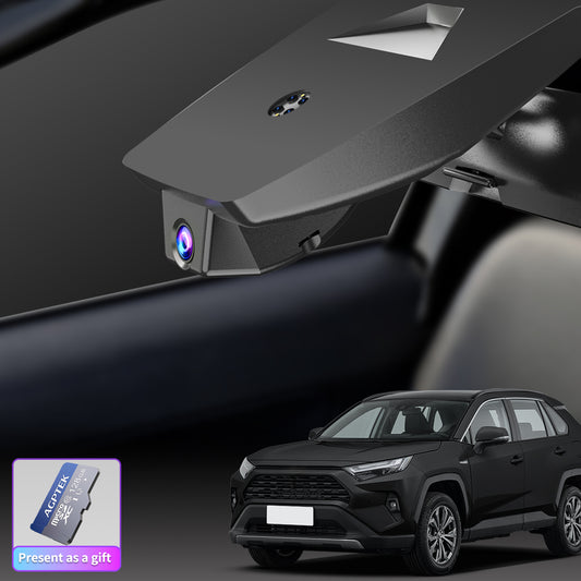 A main image showing the installation effect of a CLAROVUE dashcam in a Toyota RAV4 (2019-2025), accompanied by a picture of a 128GB memory card.