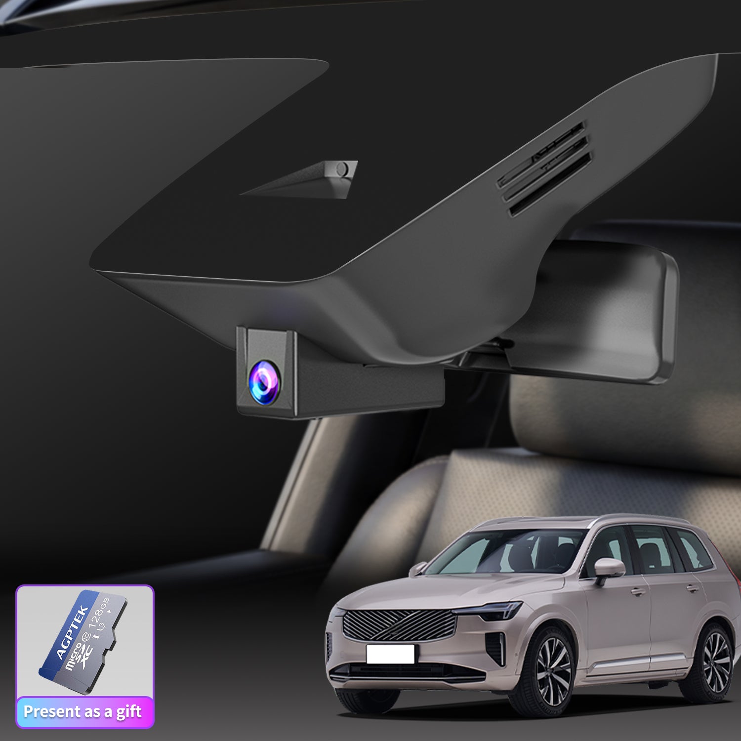 A before and after comparison image of a CLAROVUE dashcam installed in a Volvo.